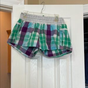 Lulu's Plaid Athletic Shorts in Green, Purple, and Gray